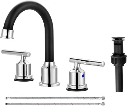 WOWOW Widespread Bathroom Sink Faucet 3 Hole Bathroom Faucet 8 Inch Lavatory Mixer Taps with Drain and Water Supply Lines, 3 Pieces Vanity Tap 2 Handle, Matte Black and Polished Chrome