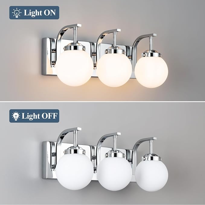 3 Lights Bathroom Vanity Light Fixtures Modern Chrome Vanity Light with Milk White Glass Globe Shade Bathroom Lighting Over Mirror Wall Sconce for Bedroom Living Room Hallway
