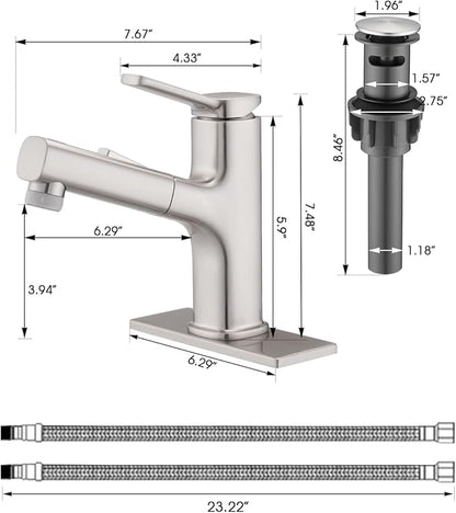 Pull Out Bathroom Faucet, Single Handle Bathroom Sink Faucet with Pull Out Sprayer, Bathroom Faucet for Sink, with Pop-up Drain & Deck Plate 1 or 4-inch Centerset 3 Hole, Brushed Nickel