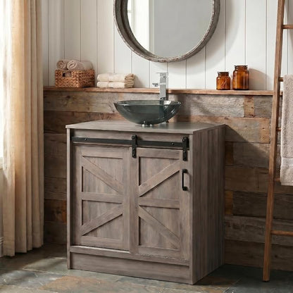 30" Barn Door Bathroom Vanity, Farmhouse Style Standing Pedestal Cabinet with Bluish Gray Glass Vessel Sink