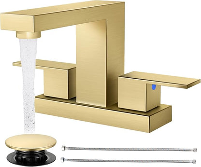 Cobbe Bathroom Faucets for Sink 3 Hole, Brushed Gold Bathroom Sink Faucet Square 4 Inch Centerset with Pop-Up Drain, 2 Handle and 2 Supply Hoses, Lead-Free Stainless Steel for Vanity, Rv, Farmhouse