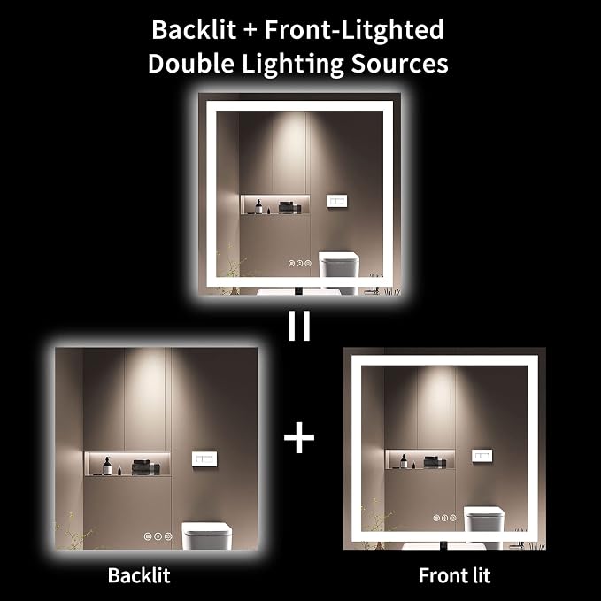 LOAAO 36"X36" LED Bathroom Mirror with Lights, UL Listed | Anti-Fog, Dimmable, 3 Color Temperature, Backlit + Front Lit, Memory Function, Tempered Glass