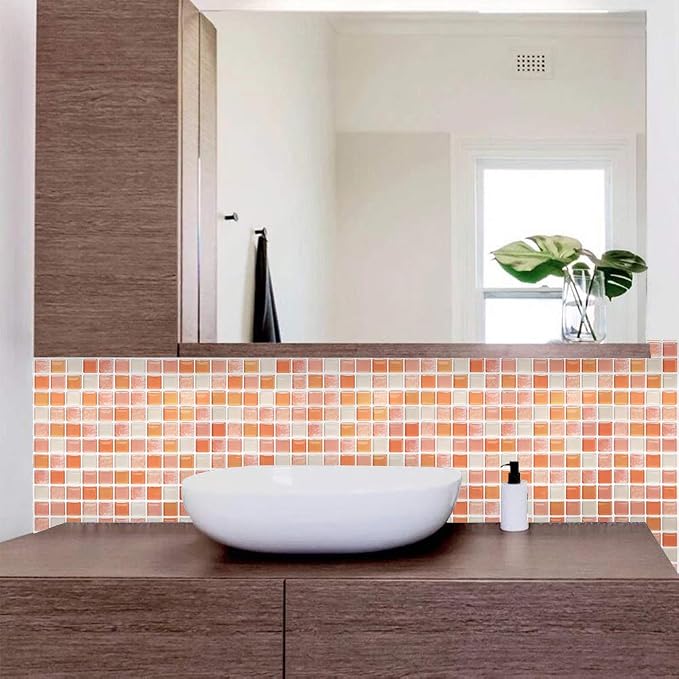 3D Mosaic Tile Sticker Removable Wallpaper Tile Orange, 3D Self Adhesive Wall Tiles Bathroom Wall Tiles for Kitchen Backsplash Orange, PVC Square Decorative Vinyl Decals, 4 Sheets