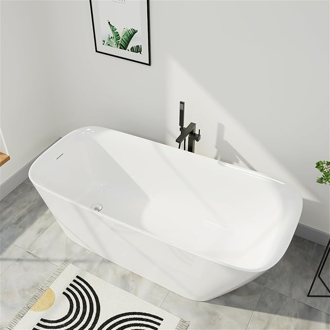 59" Acrylic Freestanding Bathtub, Single Slipper Free Standing Tub, Soaking Tub with Integrated Slotted Overflow, Toe-Tap Chrome Drain, cUPC Certified, Glossy White