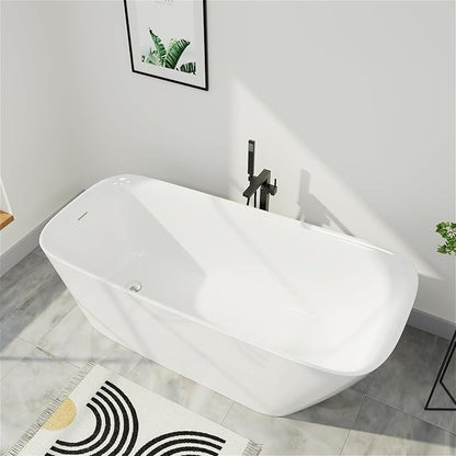 59" Acrylic Freestanding Bathtub, Single Slipper Free Standing Tub, Soaking Tub with Integrated Slotted Overflow, Toe-Tap Chrome Drain, cUPC Certified, Glossy White