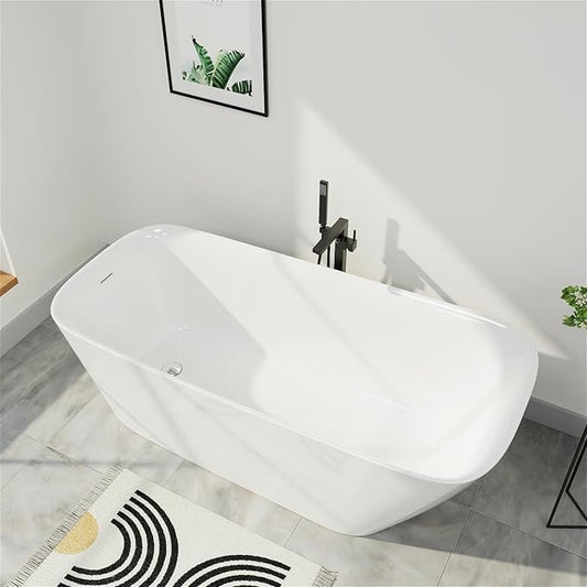 59" Acrylic Freestanding Bathtub, Single Slipper Free Standing Tub, Soaking Tub with Integrated Slotted Overflow, Toe-Tap Chrome Drain, cUPC Certified, Glossy White