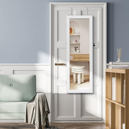 NAFORT 15 LEDs Lockable Mirror Jewelry Armoire Organizer, Christmas Gift Wall Door Mounted Storage Cabinet with Full-Length Mirror, Folding Tray,5 Storage Shelves, White