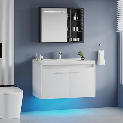 4ever2buy 31" Floating Bathroom Vanity with Sink, Modern White Bathroom Vanity with LED Light, Wall Mounted Sink Cabinet with 2 Doors, White