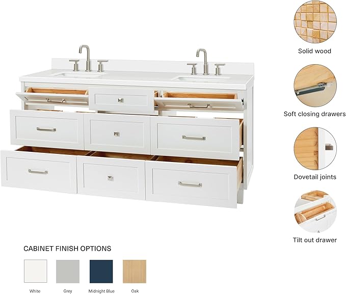 ARIEL Monroe 72-inch Bathroom Vanity with Sink,Solid Wood, 1.5-inch Pure White Quartz Countertop & Backsplash, Double Oval Porcelain Sink, 9 Dovetail Drawers, Brushed Nickel, White
