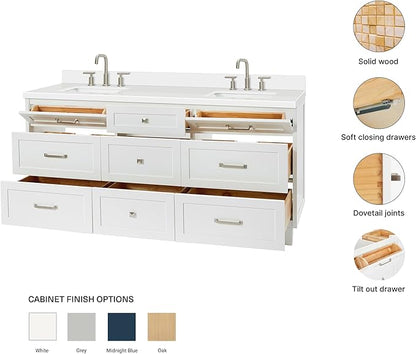 ARIEL Monroe 72-inch Bathroom Vanity with Sink,Solid Wood, 1.5-inch Pure White Quartz Countertop & Backsplash, Double Oval Porcelain Sink, 9 Dovetail Drawers, Brushed Nickel, White