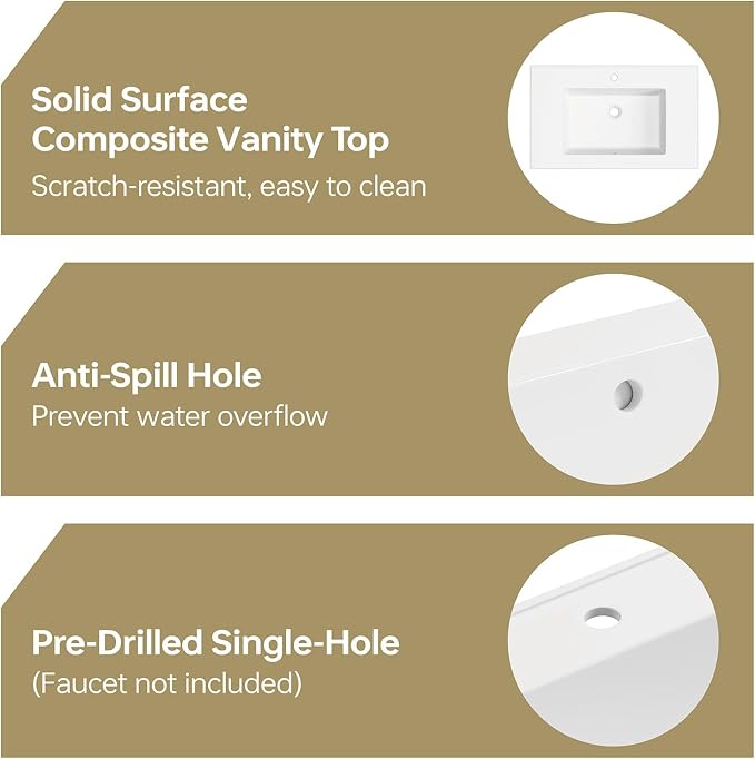 30 Inch Modern Bathroom Vanity with Sink, White | Freestanding Vanity Cabinet with Soft-Close Door, Open Storage Shelf, Gold Handles & Adjustable Feet