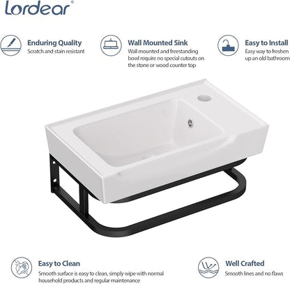 Lordear Wall Mounted Bathroom Sink with Towel Rack 20 x 11 Inch Modern Black Wall Hung Sink for ADA Bathrooms, Rectangular One Hole Porcelain Vanity Sinks