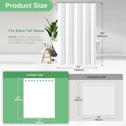 Dynamene Extra Long Shower Curtain and Liner Set - 96 inch Tall Boho Shower Curtain and Waterproof Clear Liner, Tufted Chevron Striped Tassel Shower Curtains for Bathroom, 12 Hooks, 72x96, White