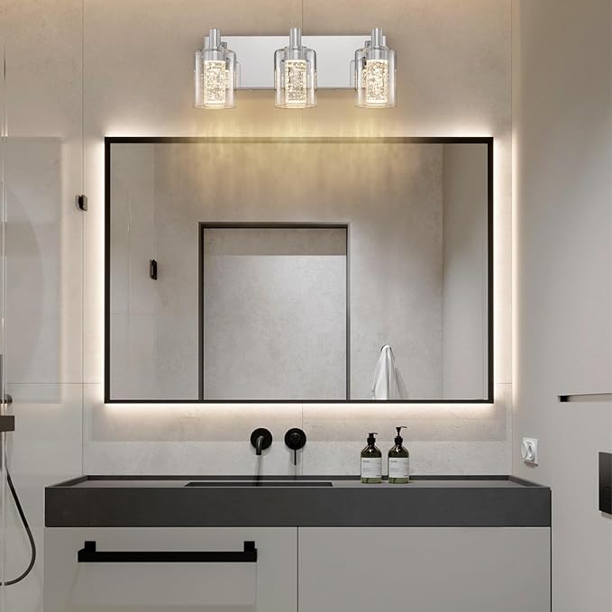 SineRise Vanity Light with 3 Color Modes (3000K/4000K/6000K), Eye Protection LED Bathroom Light Fixture, Dimmable Modern Wall Light Over Mirror with Clear Glass Shade (Chrome, 3-Light)