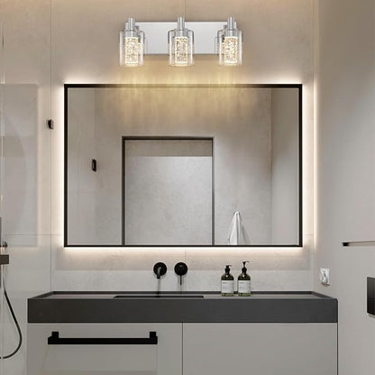 SineRise Vanity Light with 3 Color Modes (3000K/4000K/6000K), Eye Protection LED Bathroom Light Fixture, Dimmable Modern Wall Light Over Mirror with Clear Glass Shade (Chrome, 3-Light)