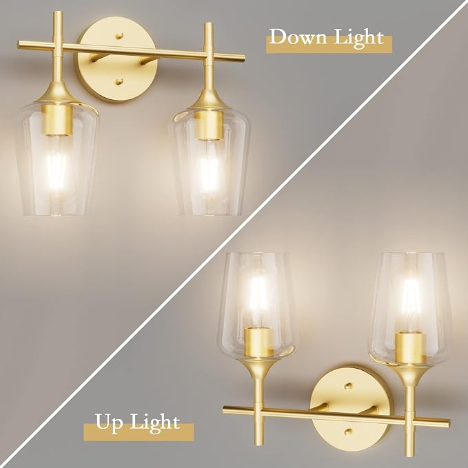 Ralbay Gold Bathroom Light Fixtures 2-Lights with Clear Glass Modern Wall Mount Lighting Industrial Farmhouse Gold Bathroom Vanity Lights Wall Sconce