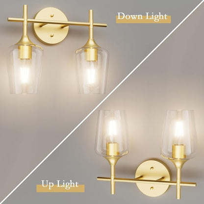 Ralbay Gold Bathroom Light Fixtures 2-Lights with Clear Glass Modern Wall Mount Lighting Industrial Farmhouse Gold Bathroom Vanity Lights Wall Sconce