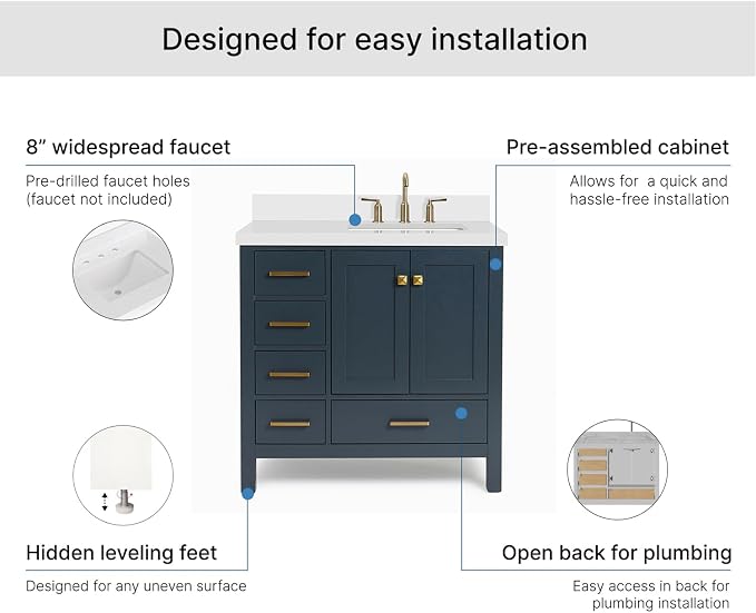 ARIEL Cambridge 36-inch Bathroom Vanity with Sink,Solid Wood, 1.5-inch Pure White Quartz Countertop, Single Rectangular Porcelain Sink, 2 Soft Closing Doors, 5 Dovetail Drawers, Midnight Blue