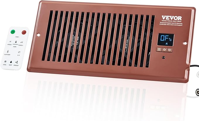 VEVOR Register Booster Fan, Quiet Vent Booster Fan Fits 4” x 10” Register Holes, with Remote Control and Thermostat Control, Adjustable 10-Speed for Heating Cooling Smart Vent, Brown