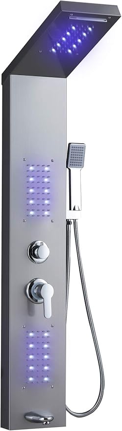ELLO&ALLO LED Rainfall Waterfall Shower Head Rain Massage System with LED Body Jets, Stainless Steel Bathroom Shower Panel Tower System, Brushed Nickel