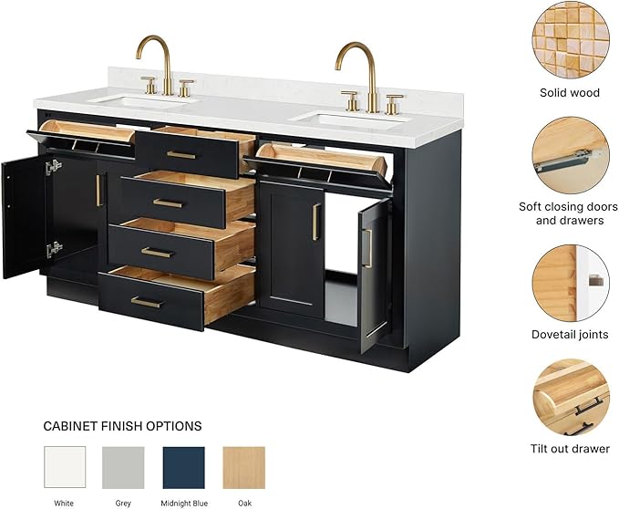 ARIEL Hepburn 72-inch Bathroom Vanity with Sink,Solid Wood, 1.5-inch Carrara White Quartz Countertop & Backsplash, Double Rectangular Porcelain Sink, 4 Soft Closing Doors, 6 Dovetail Drawers, Black