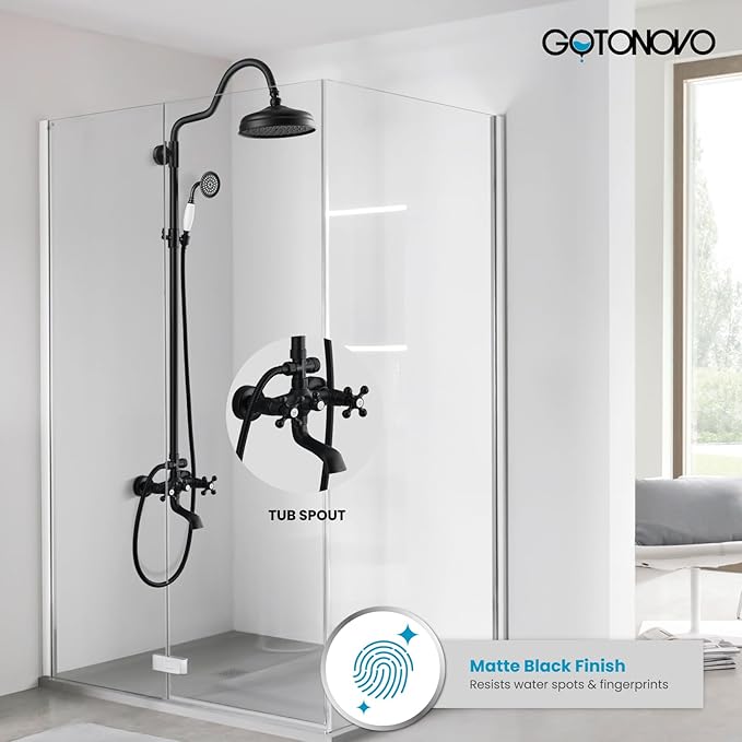 gotonovo Exposed Bathroom Shower System Vintage Shower Fixture 8 Inch Rainfall Shower Head Handheld Spray Tub Filler Brass Pipe 3-Function Wall Mount Double Cross Knobs Matte Black