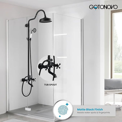 gotonovo Exposed Bathroom Shower System Vintage Shower Fixture 8 Inch Rainfall Shower Head Handheld Spray Tub Filler Brass Pipe 3-Function Wall Mount Double Cross Knobs Matte Black