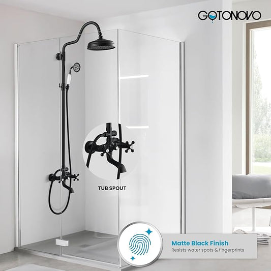 gotonovo Exposed Bathroom Shower System Vintage Shower Fixture 8 Inch Rainfall Shower Head Handheld Spray Tub Filler Brass Pipe 3-Function Wall Mount Double Cross Knobs Matte Black