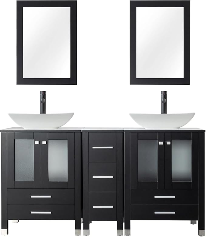 LUCKWIND 60" Double 24" Bathroom Vanity with Sink Combo, Elegant Series with One 12.6-in Side Cabinet, Painted Frame, Including Curved Rectangle Sinks, Faucets Without Mirrors, Black