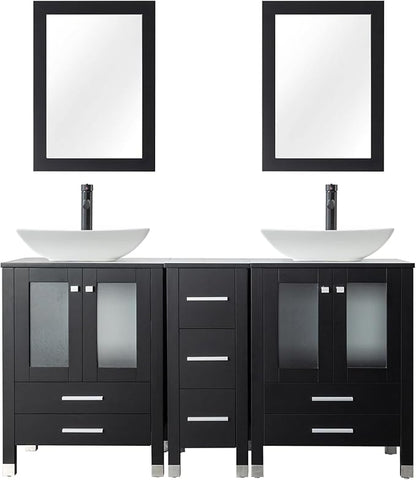 LUCKWIND 60" Double 24" Bathroom Vanity with Sink Combo, Elegant Series with One 12.6-in Side Cabinet, Painted Frame, Including Curved Rectangle Sinks, Faucets Without Mirrors, Black