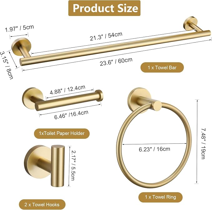 5-Piece Bathroom Hardware Set, Gold SUS304 Stainless Steel Bathroom Accessories Kit, Includes 24" Towel Bar, Toilet Paper Holder, Towel Ring & 2 Robe Hooks, Wall Mounted, Rustproof Modern Design