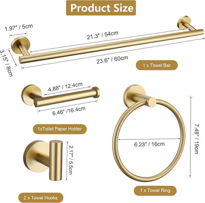 5-Piece Bathroom Hardware Set, Gold SUS304 Stainless Steel Bathroom Accessories Kit, Includes 24" Towel Bar, Toilet Paper Holder, Towel Ring & 2 Robe Hooks, Wall Mounted, Rustproof Modern Design