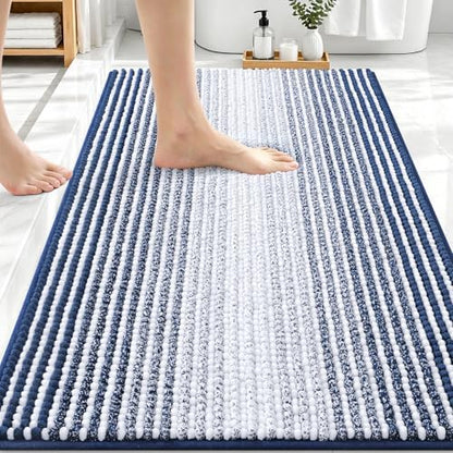 OLANLY Bathroom Rugs 30x20, Soft Chenille Striped Bath Rugs, Navy