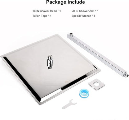 Shower Head with Extension Arm, High Pressure Square with ShowerArm, Stainless Steel Rainfall-Waterfall Full Body Coverage (16'' Shower with 20'' Arm, Chrome)