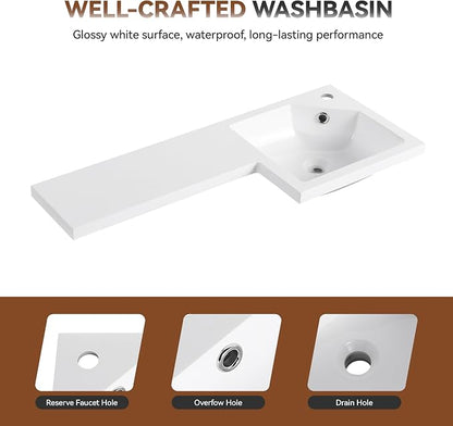 KEIKI 35.5" Corner Floating Bathroom Vanity with Resin Gel Coat Integrated Sink, L-Shaped Wall-Mounted Vanity, Soft-Close Door & Left Open Shelves, Space-Saving Modern Vanity, Oak Finish, Apricot‌1