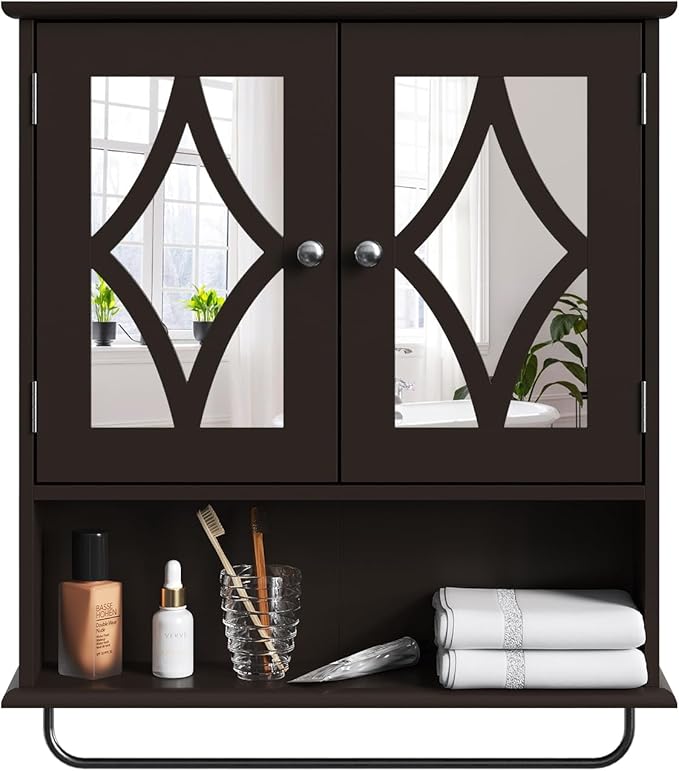 Bathroom Medicine Cabinet with Adjustable Shelves and Towel Bar, Vanity Wall Mounted Storage Cabinet with Mirror, Hanging Wall Cabinet for Bathroom, Laundry, Living Room (Brown)