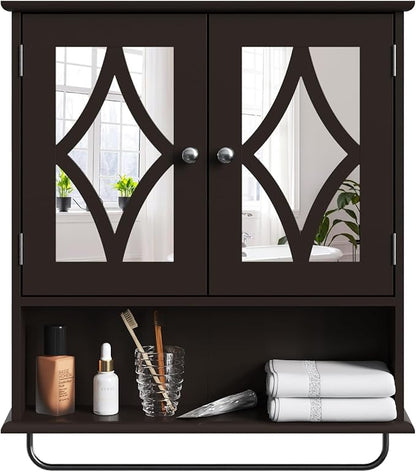Bathroom Medicine Cabinet with Adjustable Shelves and Towel Bar, Vanity Wall Mounted Storage Cabinet with Mirror, Hanging Wall Cabinet for Bathroom, Laundry, Living Room (Brown)