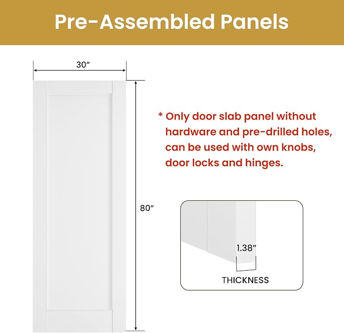 SMARTSTANDARD 30" x 80" Slab Door, Solid Core Interior Door, Pre-Assembled | 1-Panel without Hardware Kit, White Primed Shaker for Pantry, Bathroom, Laundry, Paintable Surface