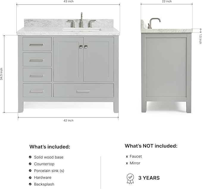 ARIEL Cambridge 42-inch Bathroom Vanity with Sink,Solid Wood, 1.5-inch Italian Carrara Marble Countertop, Single Rectangular Porcelain Sink, 2 Soft Closing Doors, 5 Dovetail Drawers, Grey