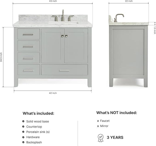 ARIEL Cambridge 42-inch Bathroom Vanity with Sink,Solid Wood, 1.5-inch Italian Carrara Marble Countertop, Single Rectangular Porcelain Sink, 2 Soft Closing Doors, 5 Dovetail Drawers, Grey