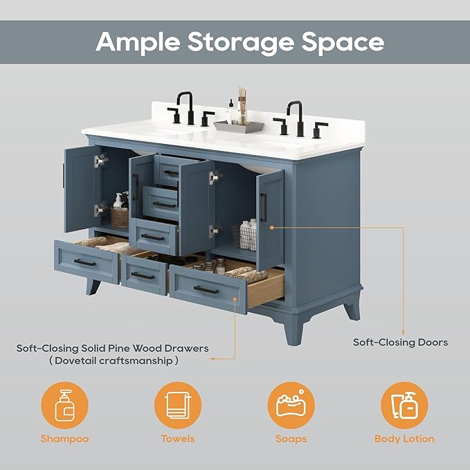 60 Inch Bathroom Vanity with Double Sink, Solid Wooden Frame Bathroom Sink Cabinet Vanity with Adjustable Feet, Bathroom Storage Cabinet with Soft Closing Doors-Steel Blue