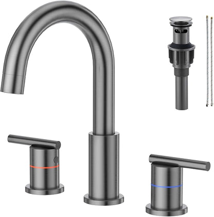 Faustina Gery Bathroom Faucet, 3 Hole, 8 Inch Widespread, 4 Inch Centerset, 2-Handle Stainless Steel