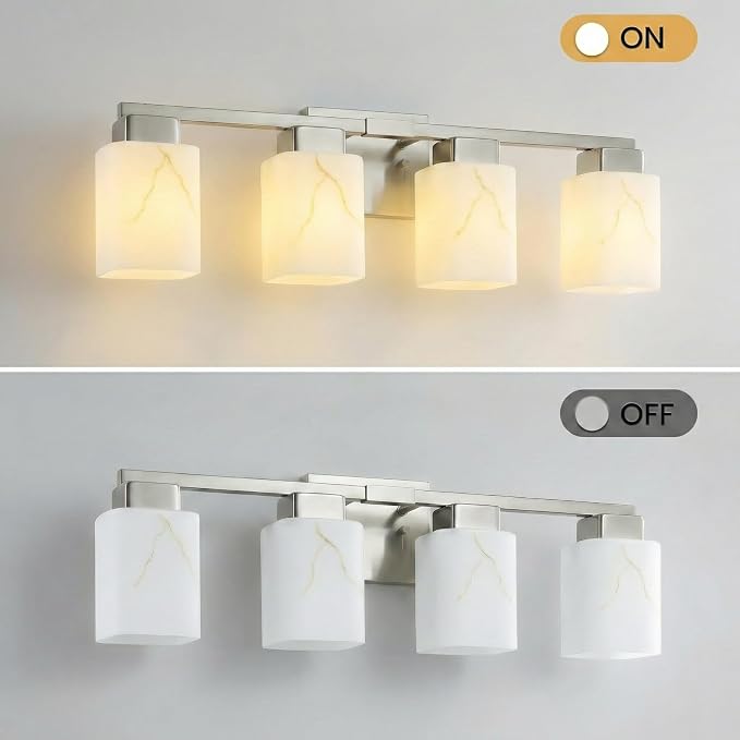 4-Light Square Bathroom Light Fixture, Brushed Nickel Modern Vanity Light with White Marble Glass Shade, for Bathroom Mirror, Living Room, Bedroom, Hallway, E26 Base