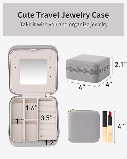 VLANDO Small Travel Jewelry Box Organizer - Display Case for Girls Women Gift Rings Earrings Necklaces Storage with Mirror Grey | Necklace Hook for Anti-tangle, Removable Dividers, Waterproof PU Leather,Portable Storage for Rings, Necklace Gifts for Women