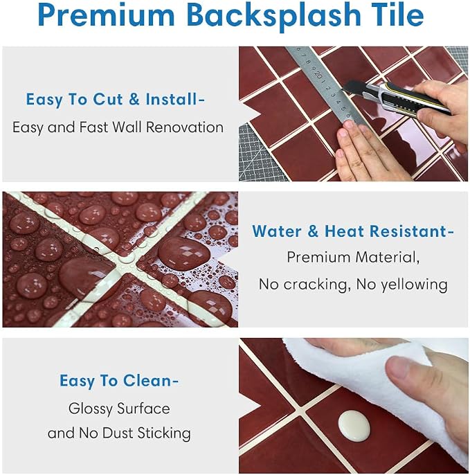 Thicker 3D Peel and Stick Backsplash Tiles, 10 Pcs 12" x 12" | Red, Glossy Self Adhesive Backsplash Sticker for Renter Friendly Kitchen Bathroom Wall Makeover, Cover 10 sq ft，Removable