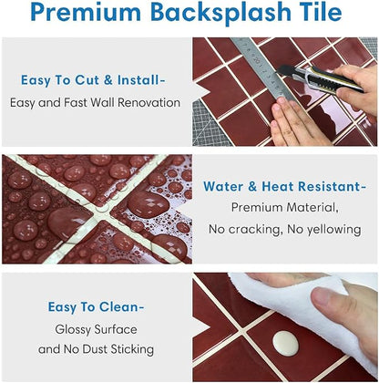 Thicker 3D Peel and Stick Backsplash Tiles, 10 Pcs 12" x 12" | Red, Glossy Self Adhesive Backsplash Sticker for Renter Friendly Kitchen Bathroom Wall Makeover, Cover 10 sq ft，Removable