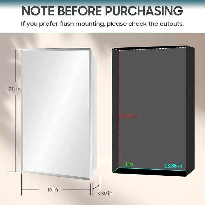 16x28 Plastic Medicine Cabinet with Mirror, Recessed or Surface Mount | 3 adjustable shelves, beveled mirror, soft-close reversible door, 95% assembled; cutout 13.86"W x 24.15"H x 3"D