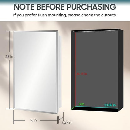 16x28 Plastic Medicine Cabinet with Mirror, Recessed or Surface Mount | 3 adjustable shelves, beveled mirror, soft-close reversible door, 95% assembled; cutout 13.86"W x 24.15"H x 3"D