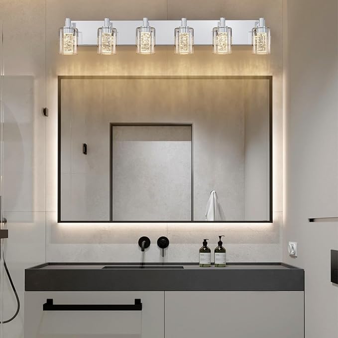 SineRise Vanity Light with 3 Color Modes (3000K/4000K/6000K), Eye Protection LED Bathroom Light Fixture, Dimmable Modern Wall Light Over Mirror with Clear Glass Shade (Chrome, 6-Light)