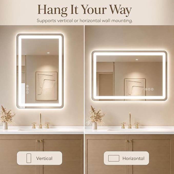 24x32 LED Lighted Bathroom Mirror for Vanity | Front Lights and Backlit, Rounded-Corner Rectangle, 3 Colors, Dimmable, Anti-Fog, Memory, Tempered Glass, UL